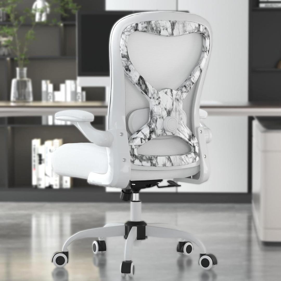 Office Desk Chair with Ergonomic Lumbar Support, Extra-Thick Seat Cushion, Flip-up Arms, Breathable Mesh Back, Computer Task Chair for Home Office (White+marble)