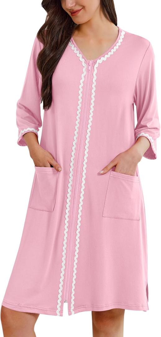 Ekouaer Zipper Robes for Women 3/4 Sleeves Lightweight House Coat Zip Up Bathrobe Soft Nightgown with Pockets Size: X-Large(Pink)
