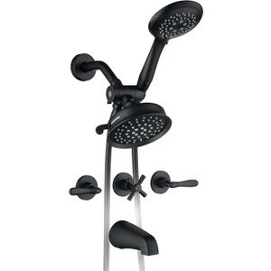 3 Handle Tub Shower Faucet, 3 Knobs Bathtub Faucet Set with Tub Spout, Wall Mount Matte Black Three Handle Shower and Faucet Set