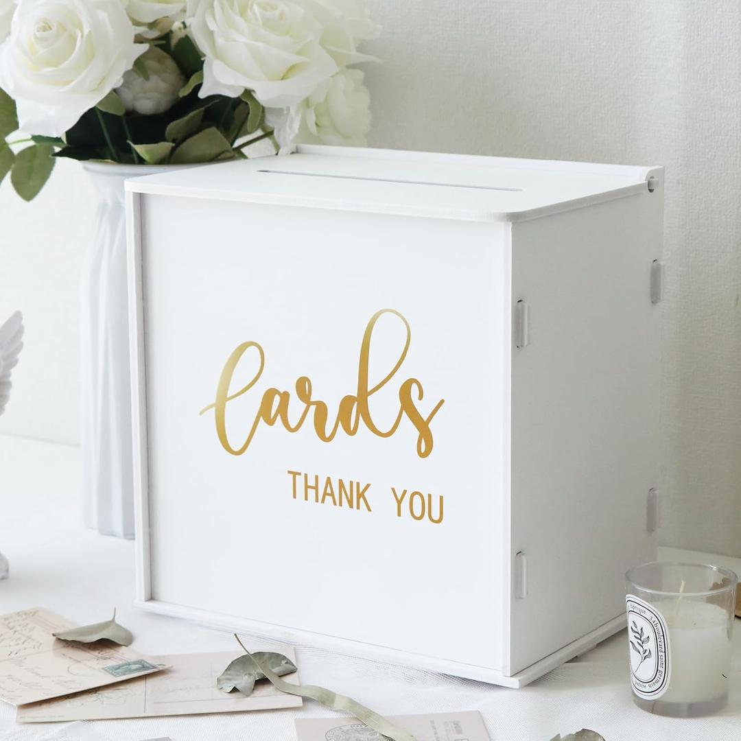 White Wedding Card Box with Slot, PVC Gift Card Box Holder for Wedding Reception, Gold Print Money Envelope Card Box for Party Graduation Birthday Baby Shower Decorations
