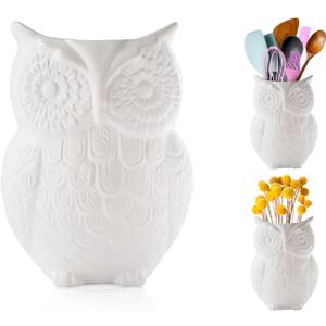 Comfify Owl Utensil Holder Decorative Ceramic Cookware Crock & Organizer, in Lovely White Color - Utensil Shaped Caddy and Perfect Kitchen Ceramic Decor Gift for Countertop - 5 x 7 x 4 Size