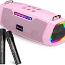 Karaoke Machine with Two Wireless Microphones - Portable 60W Powerful Bluetooth Speaker, Long Battery Life for Outdoor & Family Party, RGB Lights, PA System for Girls, Young Women - Pink
