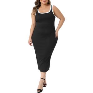 Agnes Orinda Plus Size Dress for Women Square Neck Sleeveless Contrast Summer Bodycon Side Slit Knit Tank Dresses (4X, Black)