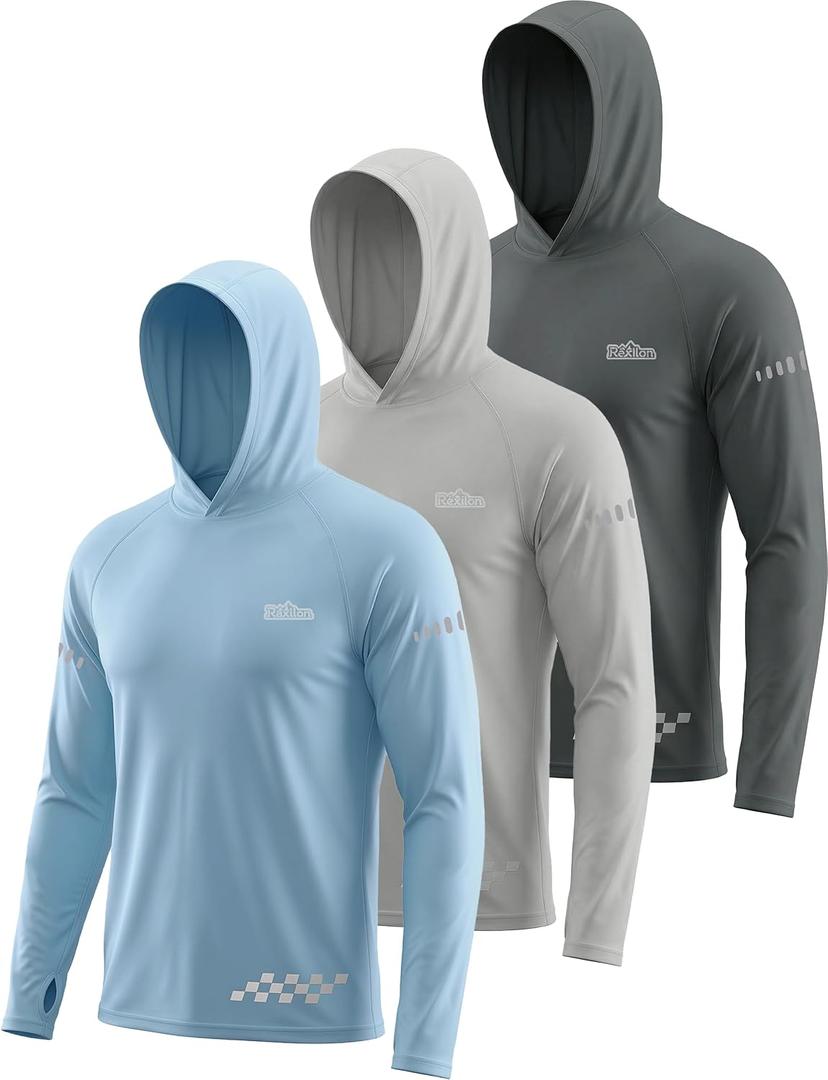 3 Pack UPF 50+ Sun Protection Mens Hoodie Long Sleeve SPF Fishing Shirt Swim Rash Guard Athletic Workout Tops (Gray, XXL)