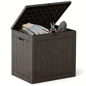 DUMOS 31 Gallon Deck Box, Lockable Outside Storage Box for Outdoor Use, Outside Waterproof Resin Package Delivery Box for Backyard Patio Garden, Modern Brown