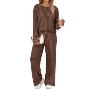 LILLUSORY Womens Lounge Sets 2 Piece Matching Pajamas Fall Fashion 2026 Ribbed Knit Outfits Long Sleeve Casual Sweatsuits Trendy Plus Size Sweaters Cute Sleep Wears Travel Soft Clothes CoffeeBrown XL