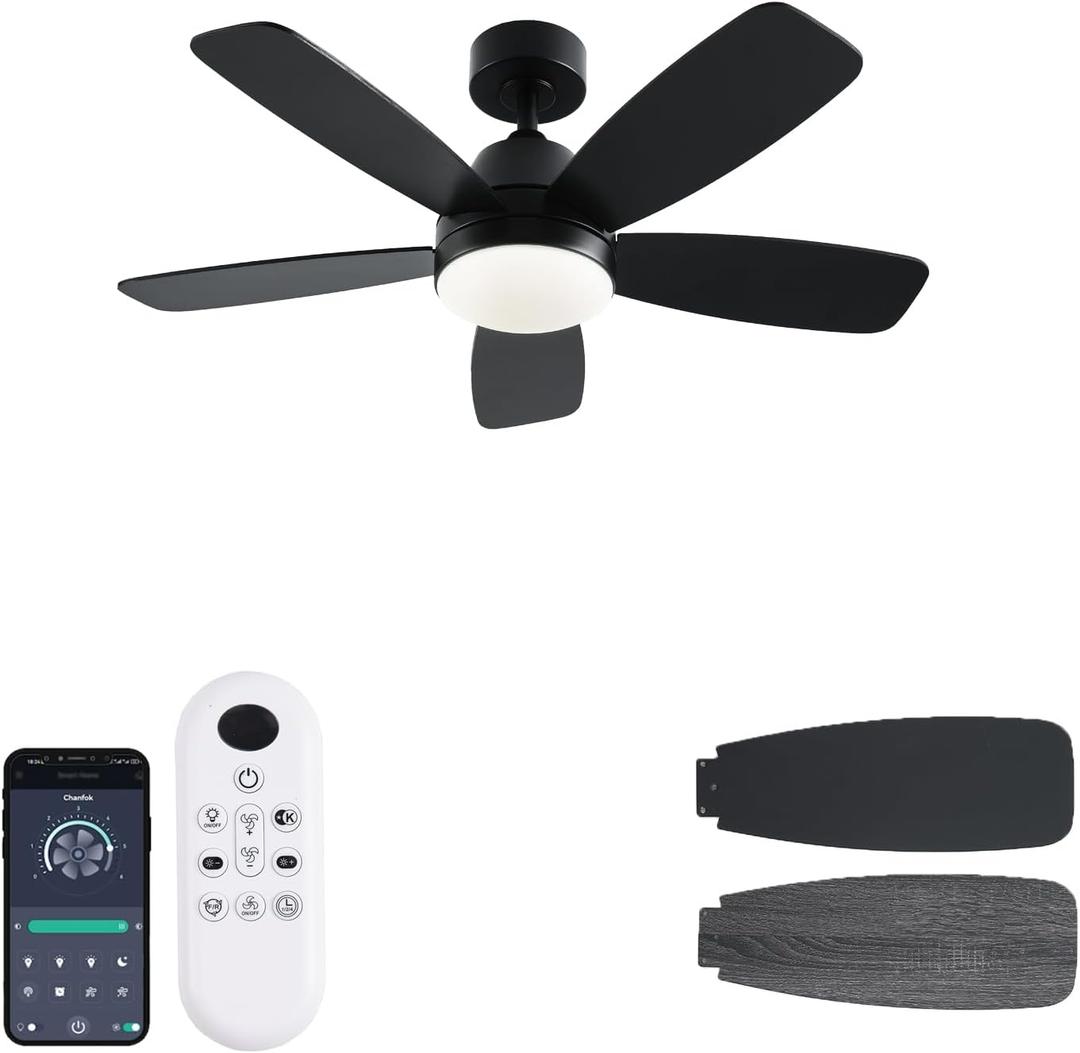 Ceiling Fans with Lights, 42 Inch Low Profile Ceiling Fan with Lights and Remote Control, LED Dimmable DC Reversible, 8 Speed, Noiseless, Modern Black Ceiling Fan for Bedroom, Indoor/Outdoor Use