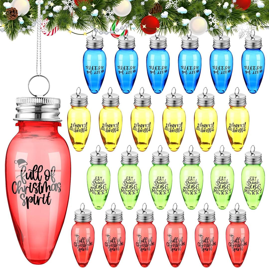 24 Pcs Christmas Fillable Ornaments 3.4 x 1.4 Inch Christmas Clear Plastic Bulb Shape Hanging Ornaments Colorful Empty Lightbulbs Hanging Tree Decoration for Drink Candy DIY Craft Xmas Party Decor
