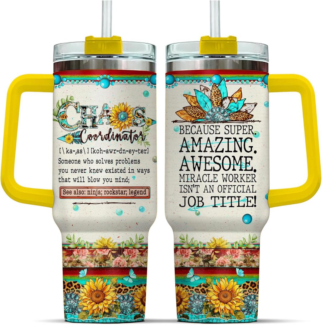 Chaos Coordinator Leopard Sunflower, Tumbler 40 Oz With Handle Lid And Straw, Chaos Coordinator Gifts, Handle Tumblers Flower Butterfly Yellow Coffee Women For Floral Black