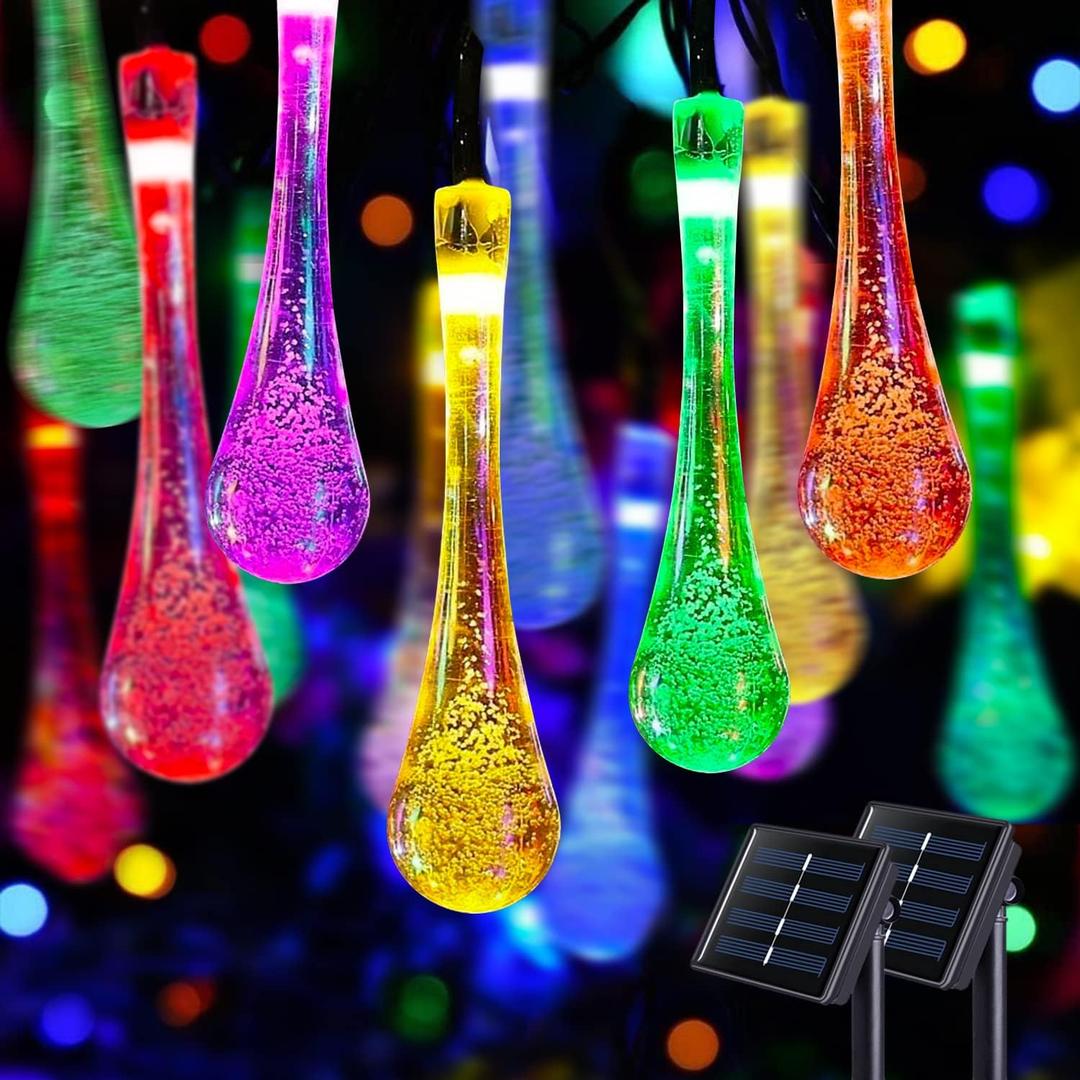 JMEXSUSS 2 Pack Solar String Lights Outdoor Waterproof, Total 41.6FT 60 LED Teardrop Water Drop Solar Lights, Multi Colored Christmas Lights for Outside Garden Patio Yard Tree Christmas Decorations