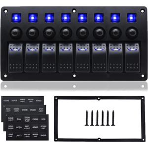 8 Gang Marine Switch Panel, Boat Rocker Switch Panel Waterproof, 12V Aluminum Switch Panel, Marine Toggle Switches ON/Off with Circuit Breaker 5A 10A 15A for Car RV Truck (Blue)