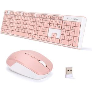 Wireless Keyboard and Mouse Combo, Pale White Pink 2.4 USB Wireless Connection, Cute Pink Wireless Keyboard Mouse Set for PC/Laptop/Mac/Computer