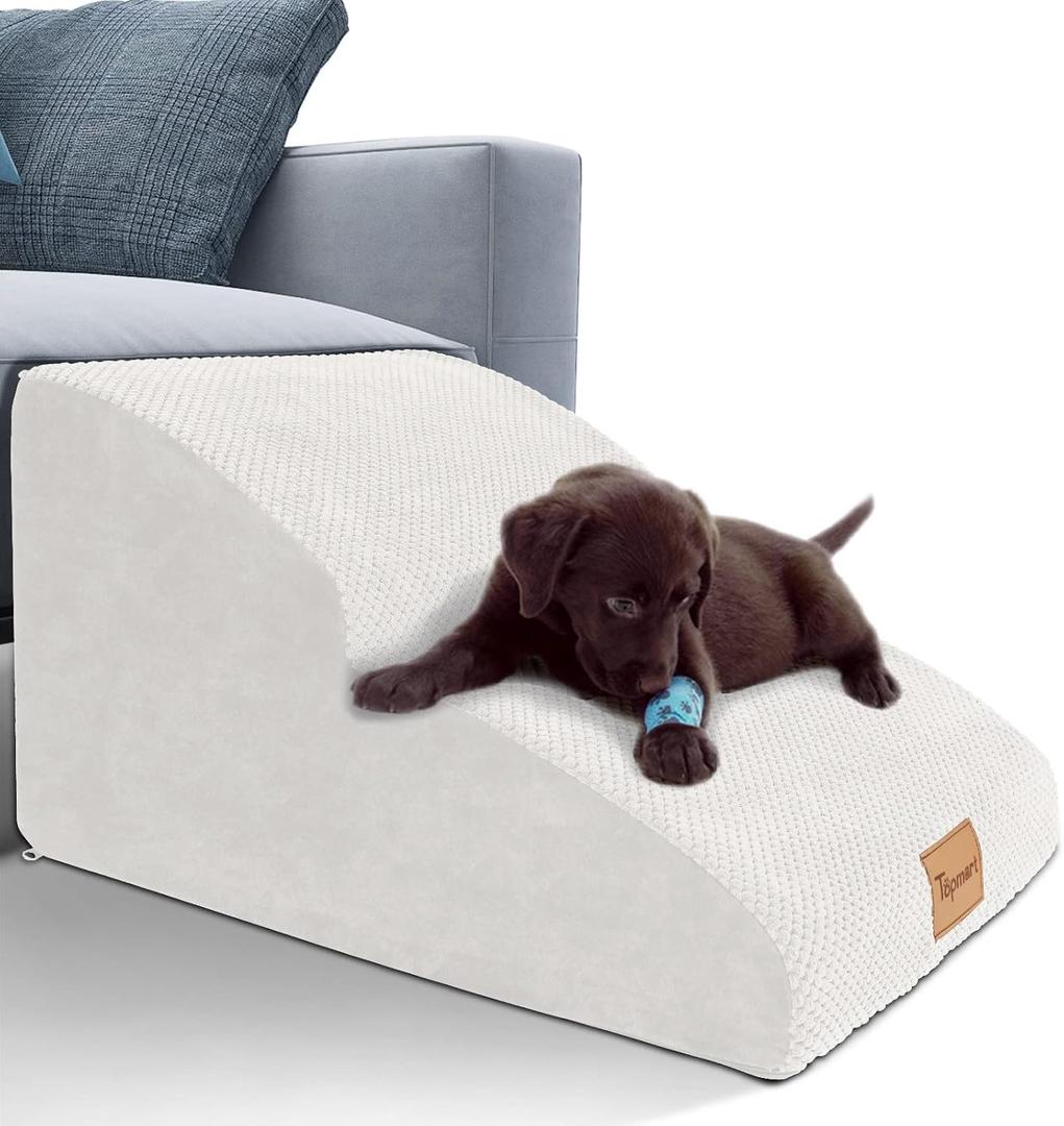 Topmart High Density Extended Foam Dog Ramp&Steps 2 Tiers,11.8" High,Non-Slip Dog Stairs,Soft Foam Pet Ladder with Waterproof Cover,Best for Injured,Older Cats,Pets with Joint Pain (White)