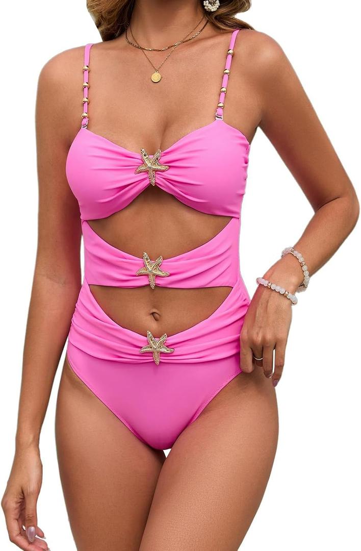 Wellwits Women's Beads Cutout Starfish Metal Decor One Piece Swimsuit (XX-Large, Pink)