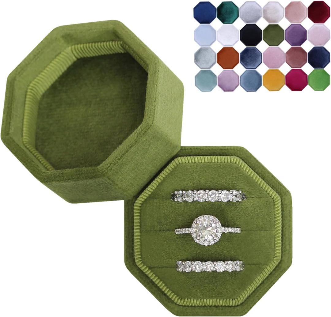 BLUTETE Velvet 3 Slots Jewelry Ring Box Engagement Wedding Box Keepsake Box Bridal Photo Ring Triple Slots Octagon (Olive Green)