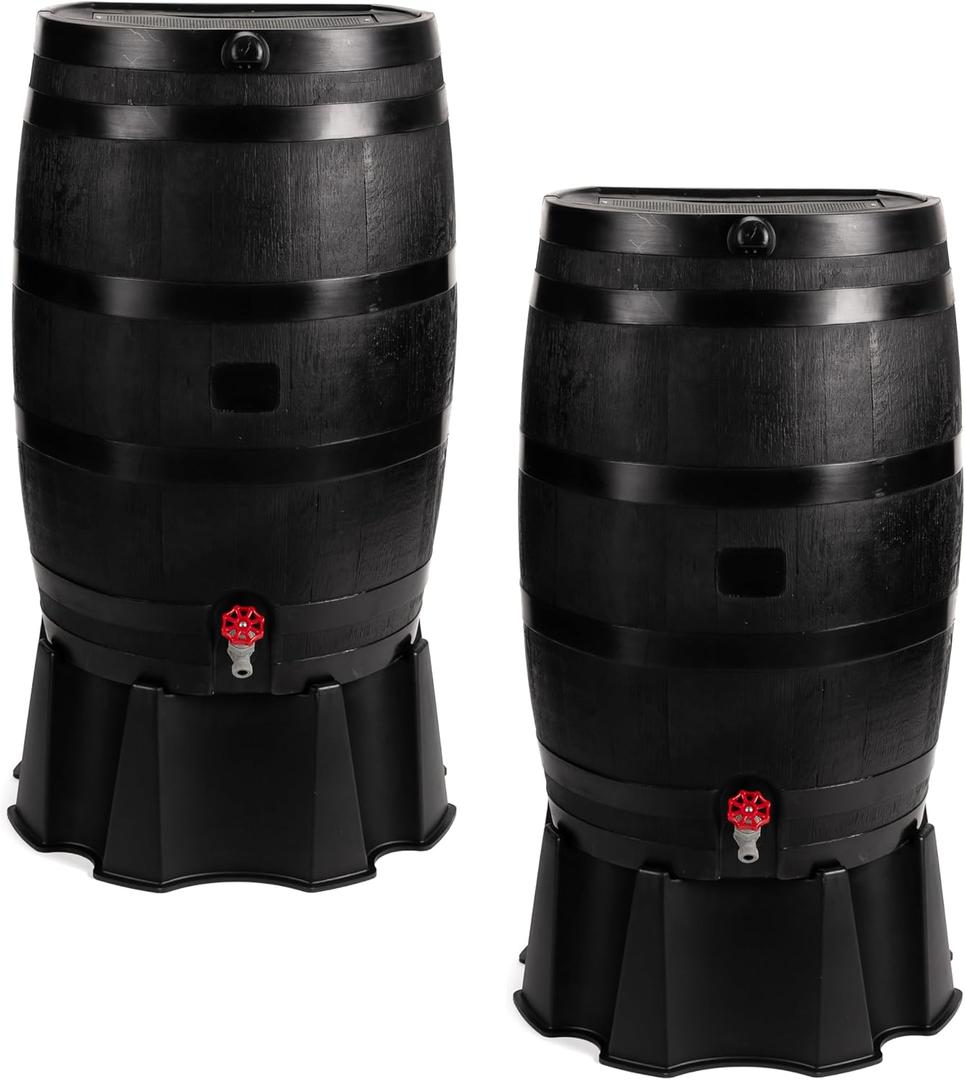 RTS Home Accents 50-Gallon ECO Rain Barrel Made with 100% Recycled Plastic, Flat Back Rain Water Collection Barrel, Stand and Link Kit Included, Black (2 Pack)