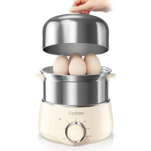 Hard Boiled Egg Cooker - CACHOO 14-Egg Rapid Stainless Steel Egg Boiler with 30-Min Timer & Auto Shut Off, Compact Electric Vegetable Steamer for Cooking, Dishwasher Safe, Beige (2-Tier)