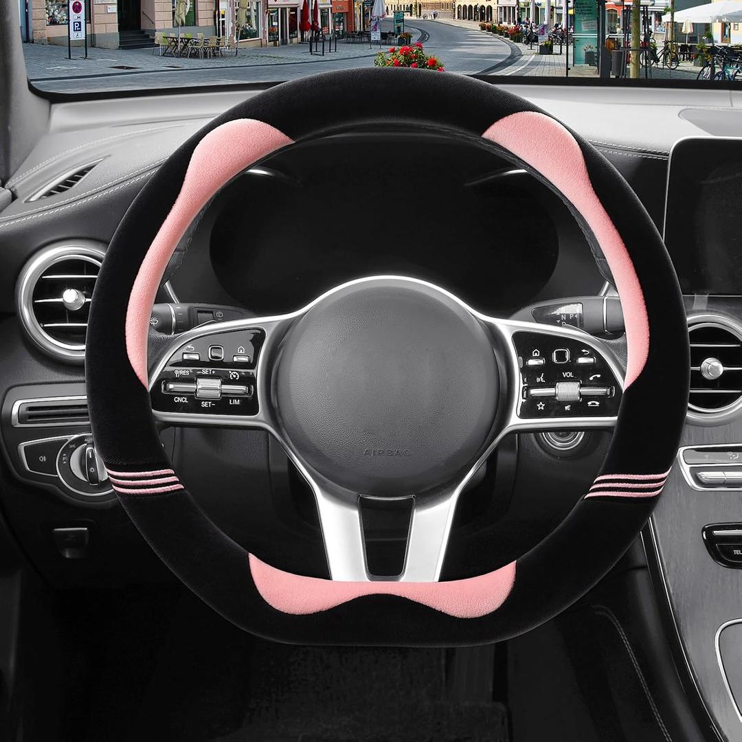 14 inch Furry Cute D Shaped Steering Wheel Cover, Soft Fluffy Short Plush Auto Accessories, Non-Slip Cold-Proof Sweat-Proof Colorfast(Black with Pink) (Small[13.5''-14''])
