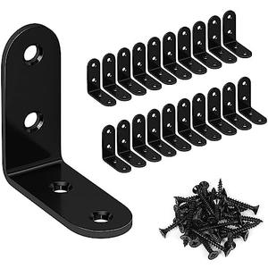 LuckIn 20 Pcs L Bracket Stainless Steel Corner Brace 1.57 x 1.57 inch Right Angle L Shape Brackets for Wooden Furniture Bedframe Cabinet Drawer Chair with 80 Pcs Screws, Black