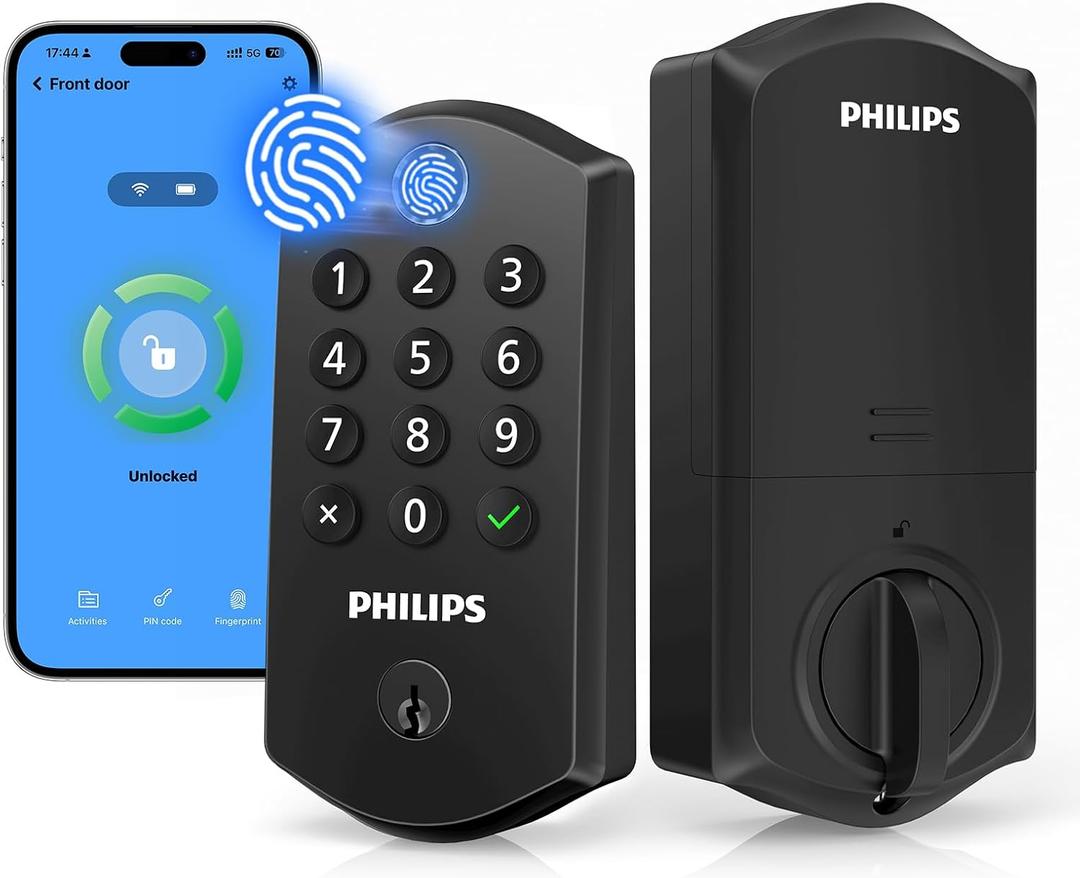 Philips Wi-Fi Smart Deadbolt Lock for Front Door, Keyless Entry Door Lock with Keypad, Fingerprint Door Lock, App Remote Control, Auto Lock, Works with Alexa and Google, Security Easy Installation