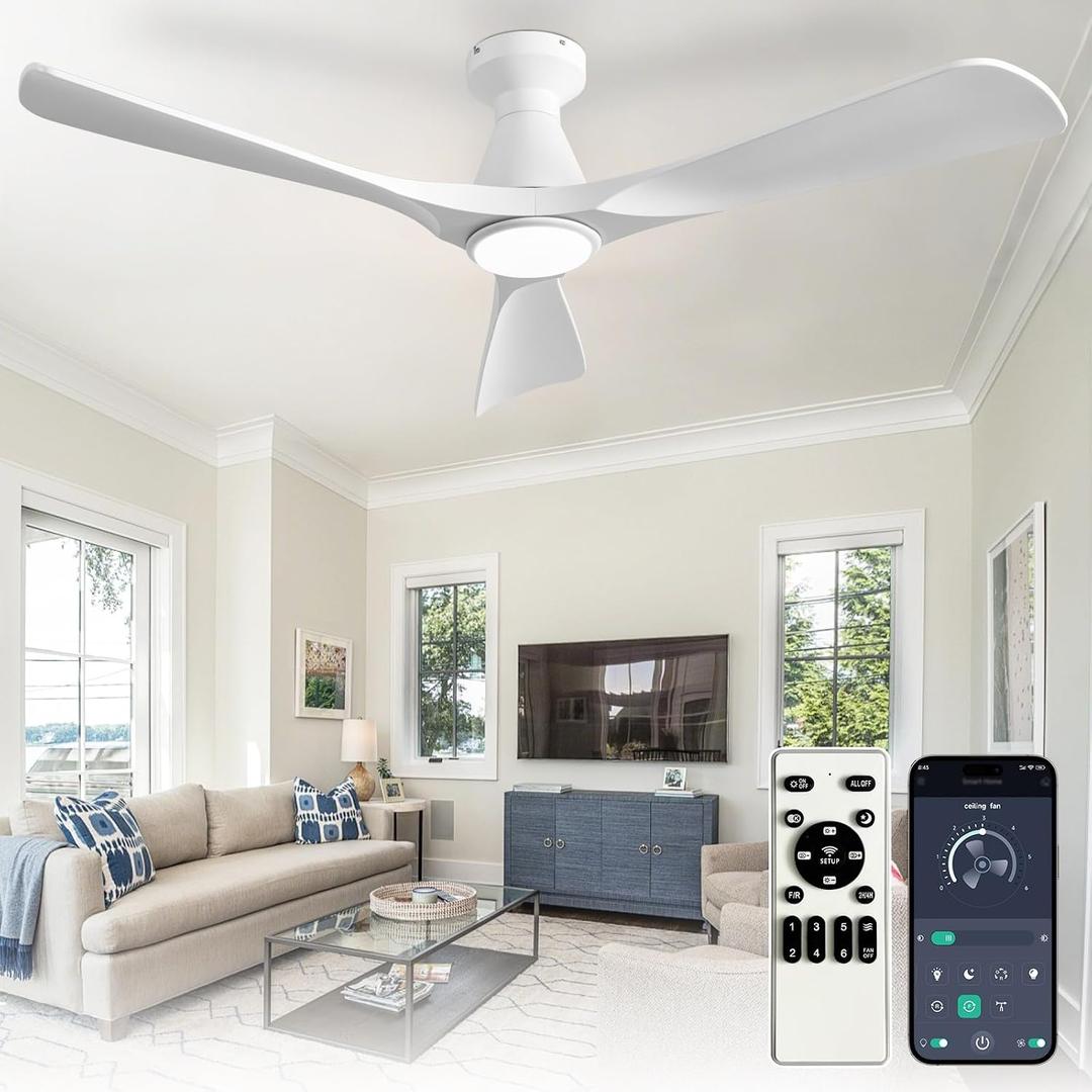 Depuley 52-Inch Ceiling Fans with Lights: White 3 Blade Flush Mount Low Profile Ceiling Fan for Bedroom - Dimmable Indoor Outdoor Fan with Remote APP Control Ultra Quiet DC Motor Timer