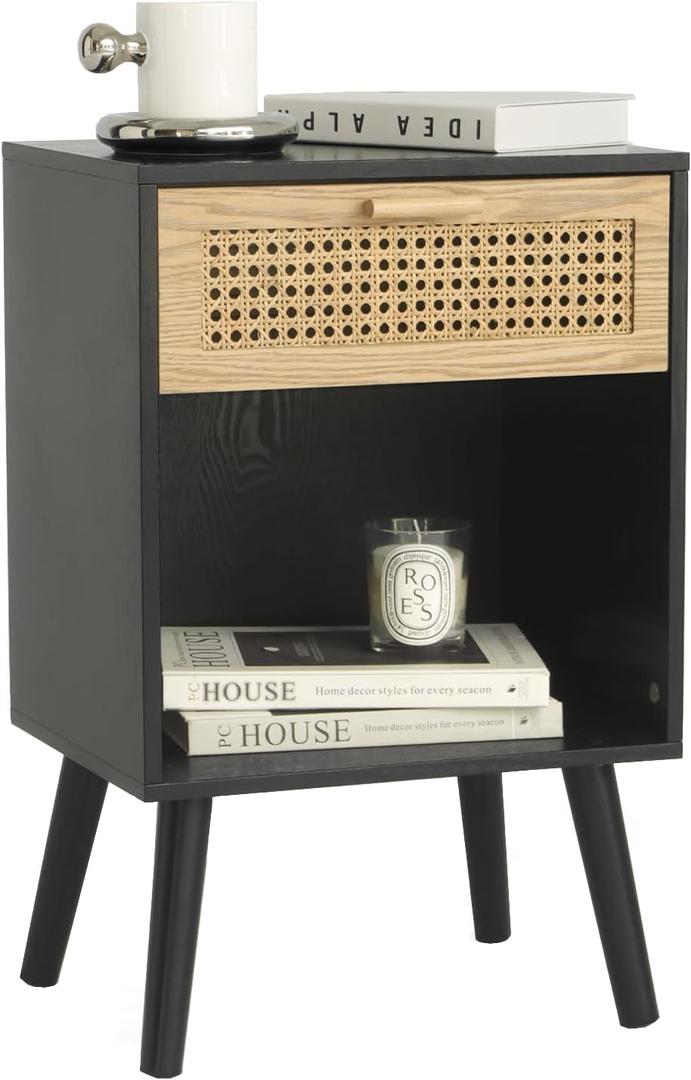 MaxSmeo Mid Century Modern Nightstand, Rattan Side Table with Drawer for Bedside, Living Room, Bedroom and Small Spaces, Black