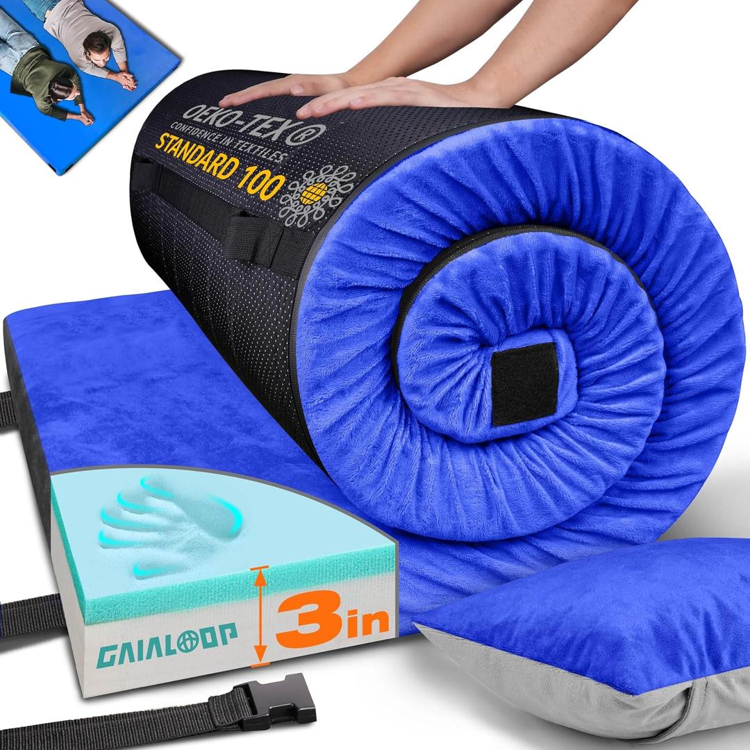 GAIALOOP 3 Inch Memory Foam Camping Mattress, Dual Layer Thick Sleeping Camp Pad for Car Tent Cot, Roll-Up Portable Glamping Floor Bed for Guests Sleepover