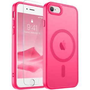SUPFINE Magnetic for iPhone SE Case 2022 (3rd)/2020 (2nd), iPhone 8 Case with Screen Protector (Compatible with MagSafe) (Military Grade Drop Protection) Translucent Matte Phone Case, Hot Pink