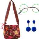 Green Glasses Round Metal Frame No Lens with Blue Pom Clip-on Earrings Purse Bag Dress Up Women Costume Accessories