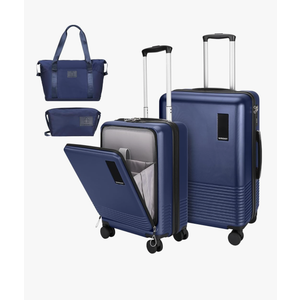 2 Piece Luggage Sets with Spinner Wheels Front Open Pocket, ABS+PC Suitcase with TSA Lock & YKK Zipper, Carry On 20/24 inch Medium +Toiletry Bag+Handbag, Deep Dark Navy Blue