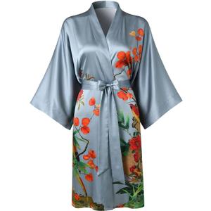 TicyLuck Women's Silk Kimono Robe Short Bathrobe Nightgown 100% Mulberry Silk for Women - Classic Floral Pattern (US, Alpha, One Size, Regular, Regular, Blue Gray)
