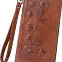 MEITRUE Womens Wallet Large Capacity Phone Clutch Purse RFID Floral Embossed Vegan Leather Travel Wallet with Wristlet Brown