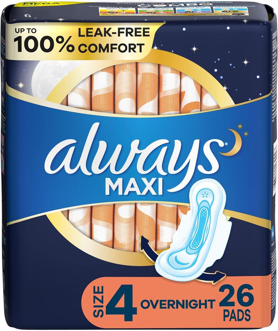 Always Maxi Feminine Pads For Women, Size 4 Overnight Absorbency, With Wings, Unscented, 26 Count
