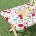 misaya Rectangle Vinyl Tablecloth, Fitted Table Cover, 100% Waterproof, Elastic Edge, Flannel Backing, Plastic Table Cloth Fit Folding Tables for Picnic, Camping, Outdoor (Flowers, 36x72 inch) (Off White)