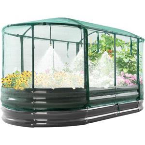 Quictent Galvanized Raised Garden Bed Kit with Self Watering System and Mesh Cover, Large Oval Metal Outdoor Planter Garden Boxes for Vegetables Herbs Flowers, 6x3x1Ft
