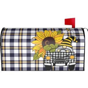 Funny Summer Gnome Driving Car and Sunflower Waterproof Mail Cover Magnetic Mailbox Wraps Plaid Pattern Post Letter Box Cover for Garden Home Decor 21x18 in