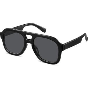 Oversized Flat Top Sunglasses for Women Men, Retro 70s Chunky Aviator Style with Double Bridge, Trendy Square Shades (Black Frame - Grey Lens)
