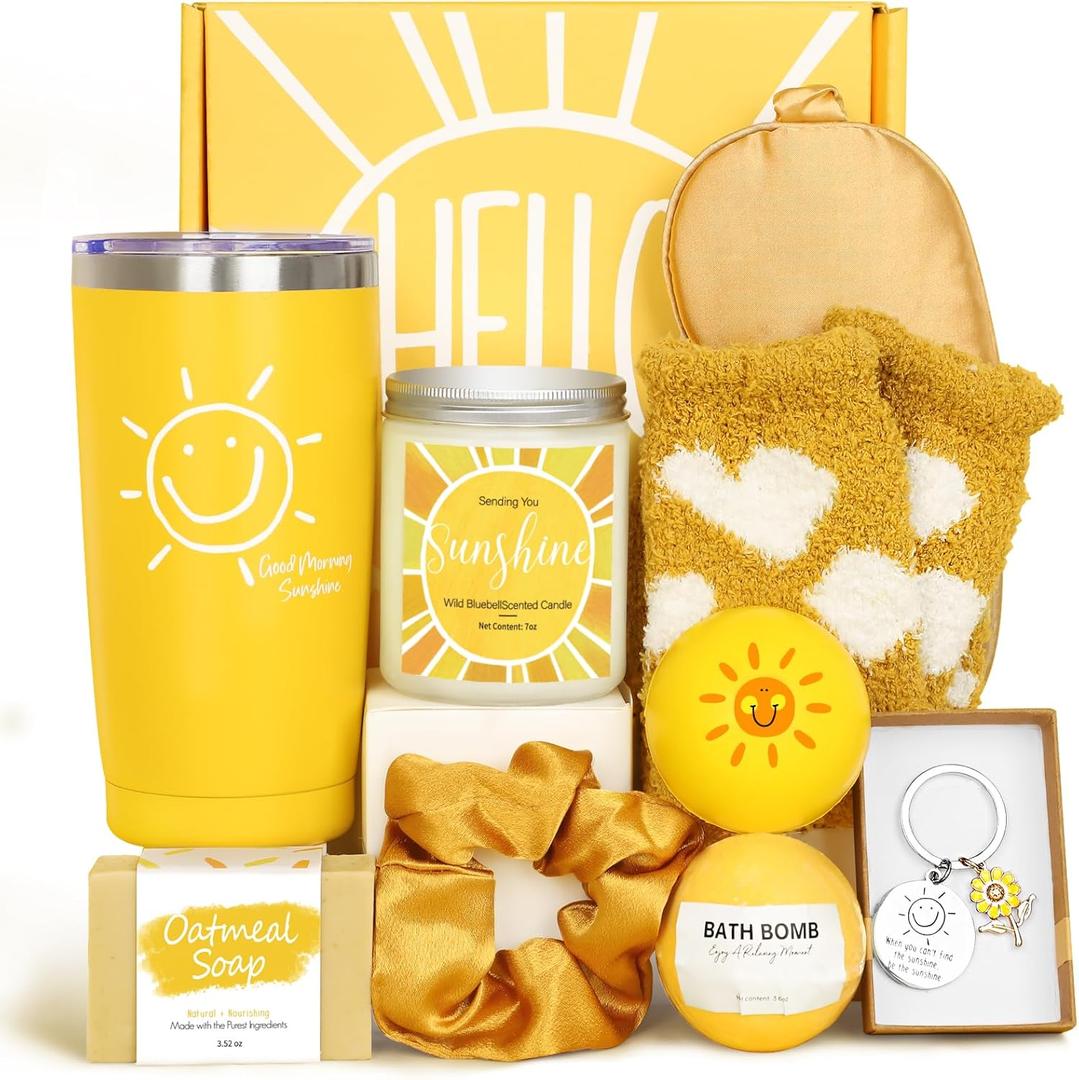 Gift Baskets for Women, 10pcs Unique Birthday Gifts for Women, Best Friend Birthday Christmas Gift, Get Well Soon Gift Basket Sending Sunshine Cheer Up Box for Sister Friendship - BRIGHTEN UP HER DAY! (Yellow)