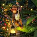Rossesay Solar Light Outdoor Monkey Statues Brown 7.48 Inch Resin Chimpanzee Baby Monkey Climbing on Vine with LED Lantern Waterproof Hanging Figurine with Hook for Yard Garden Wall
