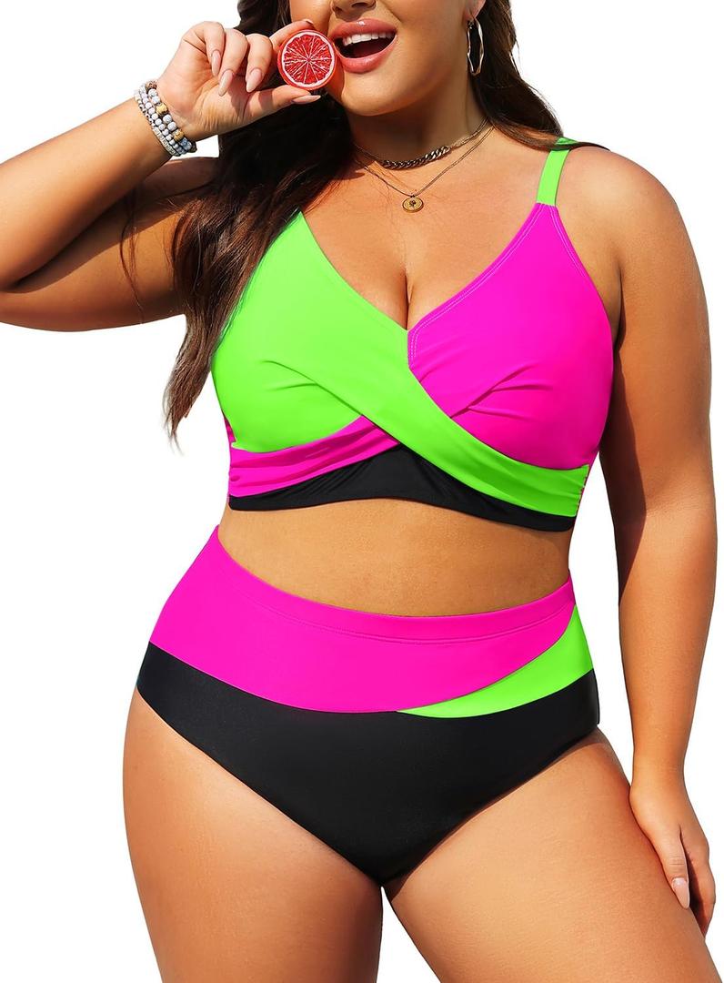 Plus Size Two Piece Swimsuit - Women High Waisted Bikini Set Tummy Control Bathing Suits (Green Pink Black,  22 Plus)