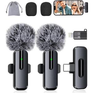 Wireless Mini Microphone for iPhone, Android - 2 Pack Lavalier Microphone for Video Recording, 2 In 1 Noise Reduction Lapel Mic for Ipad, Clip-on Mini Mic with USB-C for Content Creators Podcast