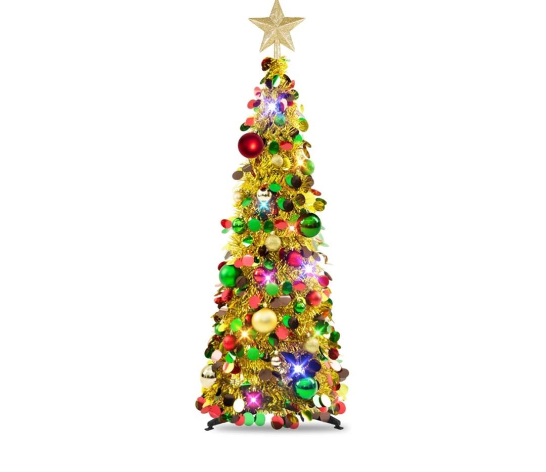 N&T NIETING Pop Up Christmas Tree with Lights, Collapsible Tinsel Xmas Tree Decorations, Pencil Christmas Tree Skinny Tree for Holiday Xmas Home Office Decor, 5Ft, Gold