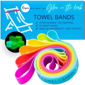 Towel Bands (6-Pack), Beach Pool & Cruise Chairs, Extra Durable, No Snapping, Cruise Ship & Beach Essentials, Great Alternative to Beach Towel Clips (3 Regular + 3 Glow in The Dark (Pink, Orange, Yellow, Green, Blue, Purple)