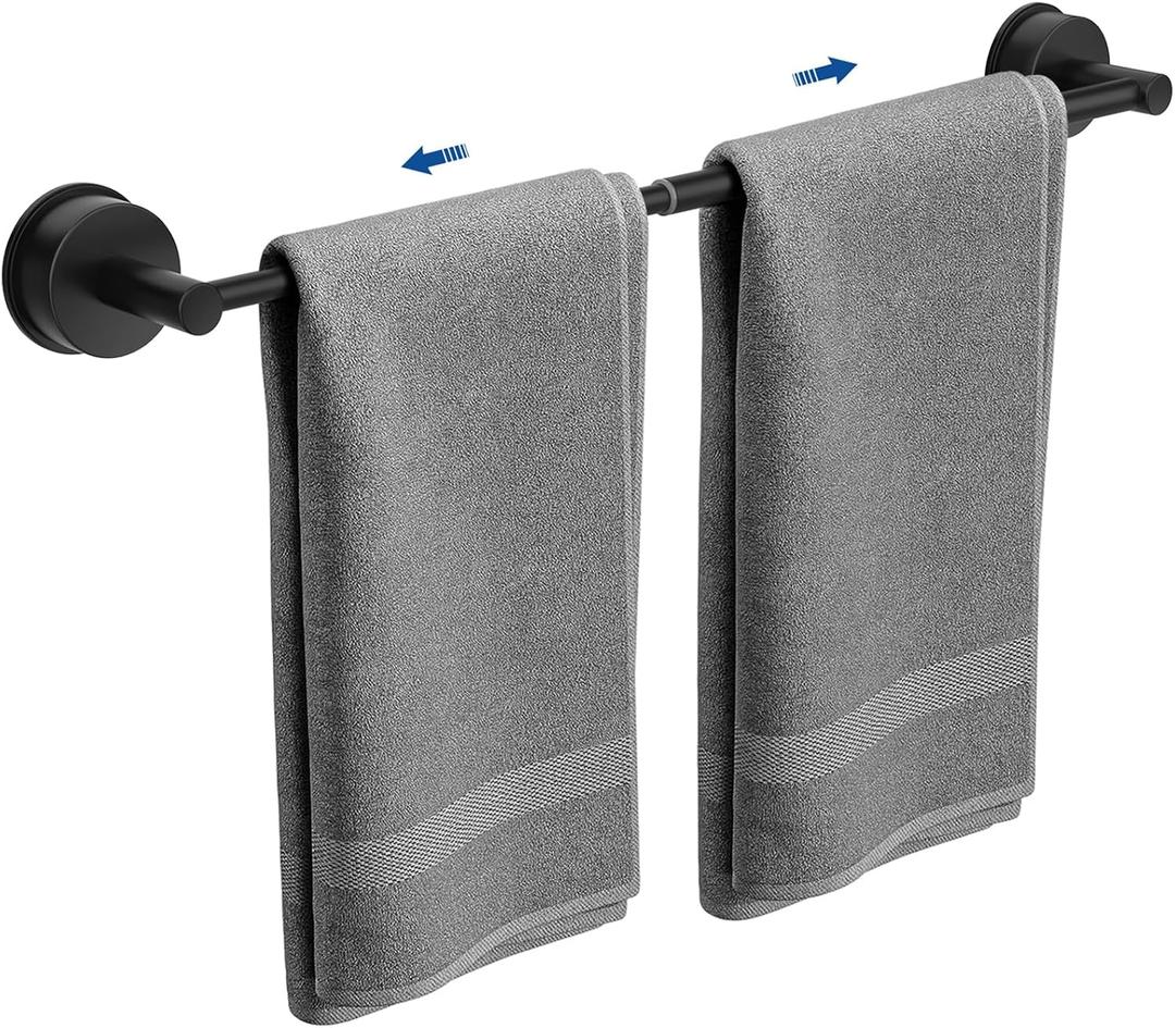 Adjustable Suction Cup Towel Bar for Bathroom Wall, 14.624 Inches Black Towel Bar, Stainless Steel Bath Towel Holder, Towel Racks for Bathroom for Shower (Matte Black)