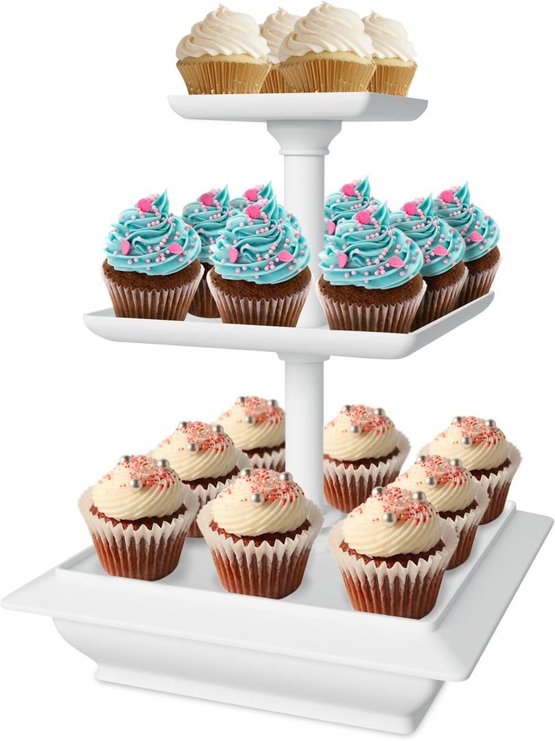 3-Tier Cupcake Stand - Square Display Stand for Birthday, Tea Party, Wedding, or Baby Showers - Dessert Table Display Set by Chef Buddy (White) (10" x 10" x 12.5" (Pack of 1))