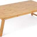 Large Size Floor Desk Nnewvante Floor Table Tray with Folding Legs Adjustable Low Coffee Table for Breakfast Serving Tray Gaming Writing 33.5x17.7in (Bamboo)