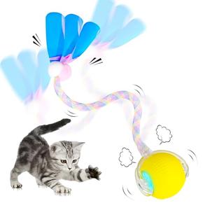 Interactive Cat Toy Ball for Indoor Cats, 2025 New Fast Self Rolling Ball Cat Toy on Carpet, Smart Interactive Automatic Cat Toy Ball for Gifts, Moving Cat Toy with Elastic Mesh Tail(Yellow), Set of 2