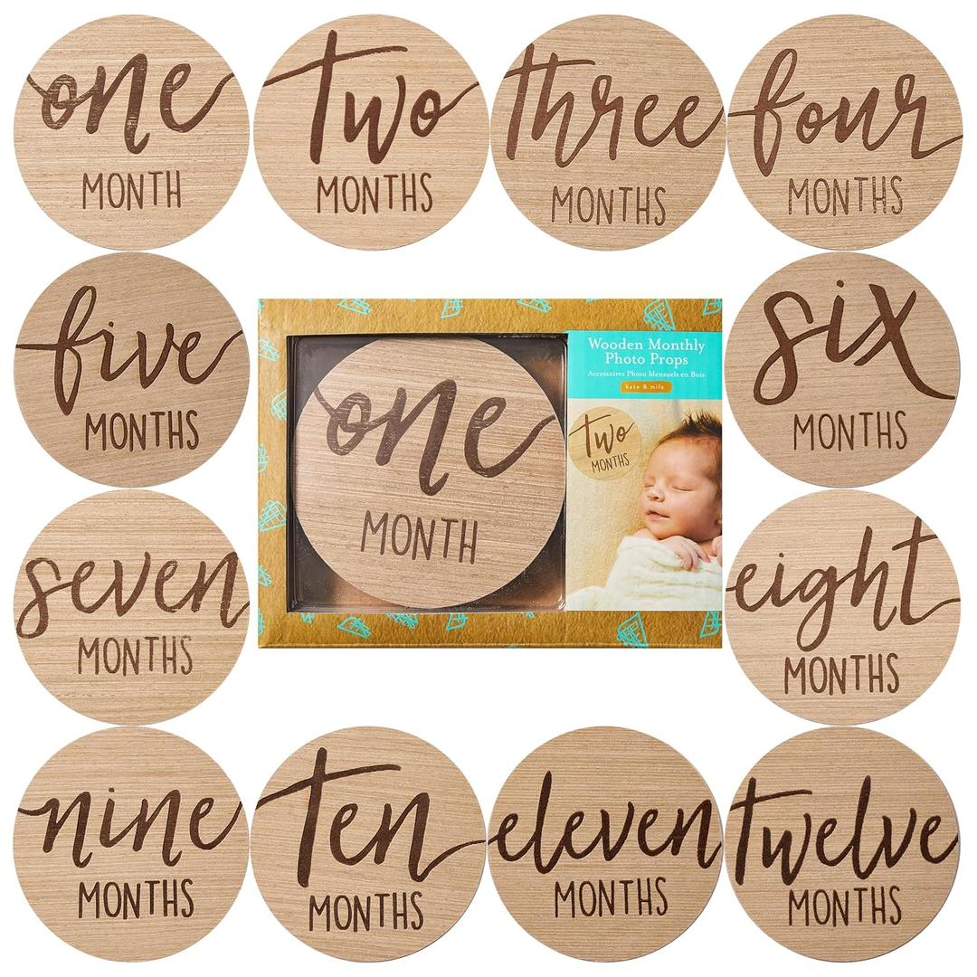 Kate & Milo Baby Monthly Milestone Marker Discs - Classic Cursive Script Wooden Discs with Reversible Photo Props for Baby Announcement and Milestones, Gender-Neutral Gift for Newborn Boy and Girl (Circle Milestone Discs)