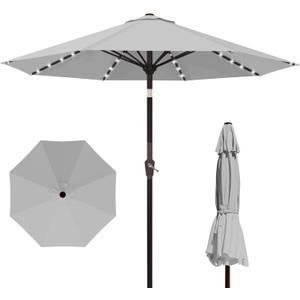 Kingdura 10FT Outdoor Patio Umbrella with Solar Lights, Market Table Umbrella with Push Button Tilt & Crank, 8 Sturdy Ribs, 32 LED Lights, UV Protection for Garden Lawn Deck Backyard Pool (Light grey)