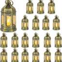 Mini Lantern with Flickering LED Candles Set of 20, Hewory Gold Vintage Decorative Hanging Candle Lanterns for Halloween, Christmas, Wedding Decorations, Party, Table Centerpiece, Battery Included